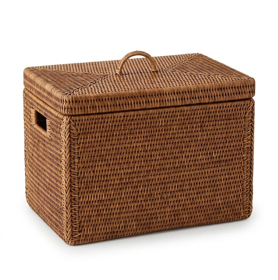 Aidyngarza - Brown Rattan Lidded Storage Basket, Decorative Woven Organizer Bin with Cutout Handles & Top Handle for Closet Bedroom Living Room