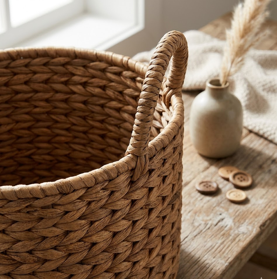 Aidyngarza - Handwoven Water Hyacinth Basket with Loop Handles, 3.9"