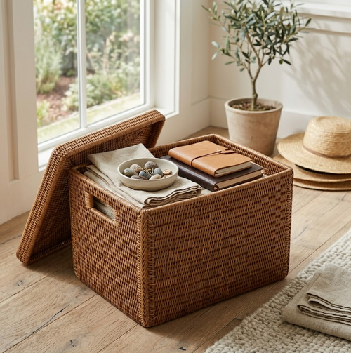 Aidyngarza - Brown Rattan Lidded Storage Basket, Decorative Woven Organizer Bin with Cutout Handles & Top Handle for Closet Bedroom Living Room