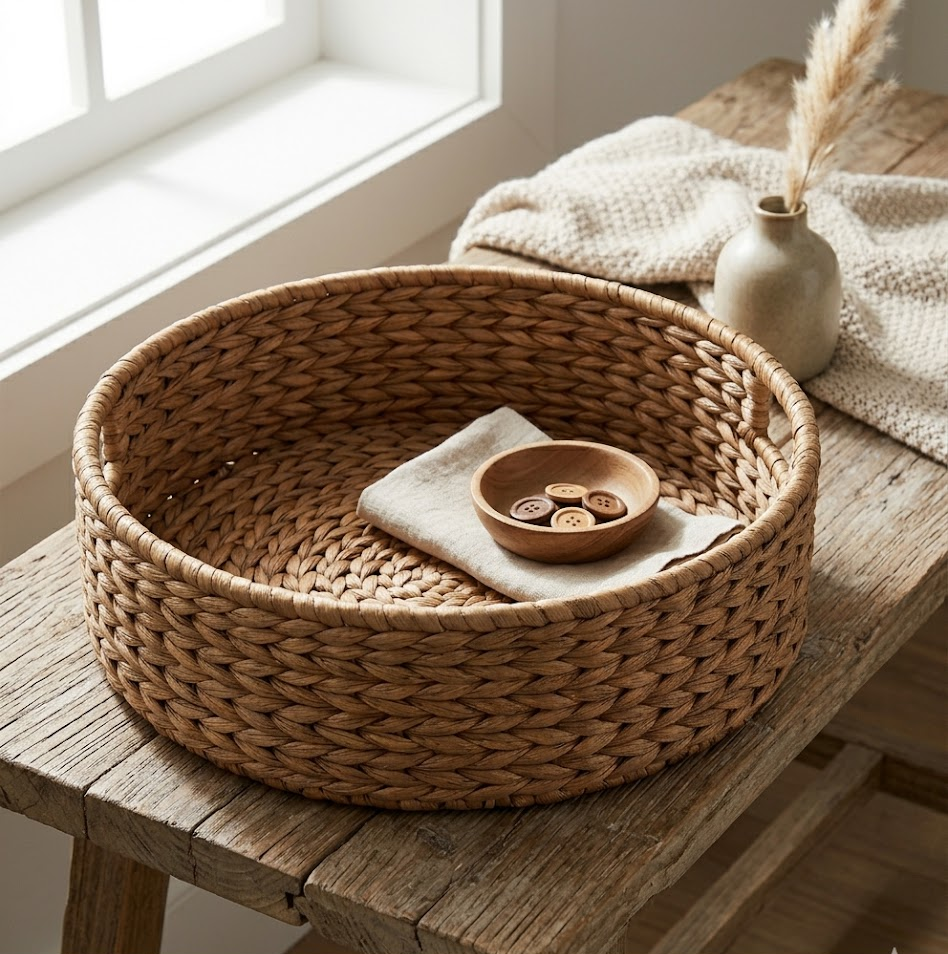 Aidyngarza - Handwoven Water Hyacinth Basket with Loop Handles, 3.9"