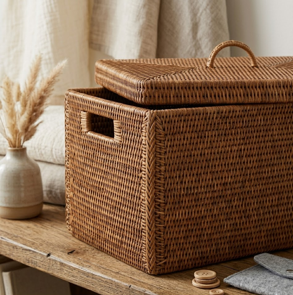 Aidyngarza - Brown Rattan Lidded Storage Basket, Decorative Woven Organizer Bin with Cutout Handles & Top Handle for Closet Bedroom Living Room